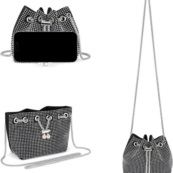 Mini Glitter Pearl Crossbody Clutch Evening Bag for Women, Black, Party Prom - Picture 5 of 6